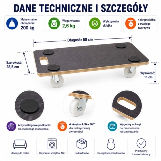 Wózek transportowy 200 kg 58×28,5 cm – platforma z rolką/płytą do transportu ciężkich ładunków