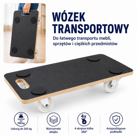 Wózek transportowy 200 kg 58×28,5 cm – platforma z rolką/płytą do transportu ciężkich ładunków