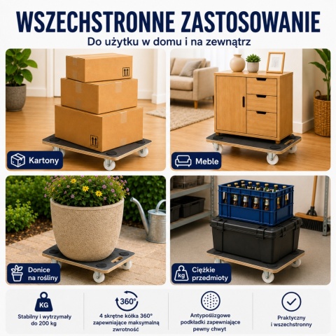 Wózek transportowy 200 kg 58×28,5 cm – platforma z rolką/płytą do transportu ciężkich ładunków