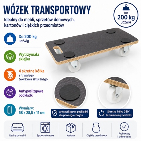 Wózek transportowy 200 kg 58×28,5 cm – platforma z rolką/płytą do transportu ciężkich ładunków