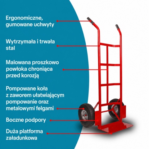 Wózek transportowy 200 kg stalowy 2 koła pompowane magazynowy do ładunków