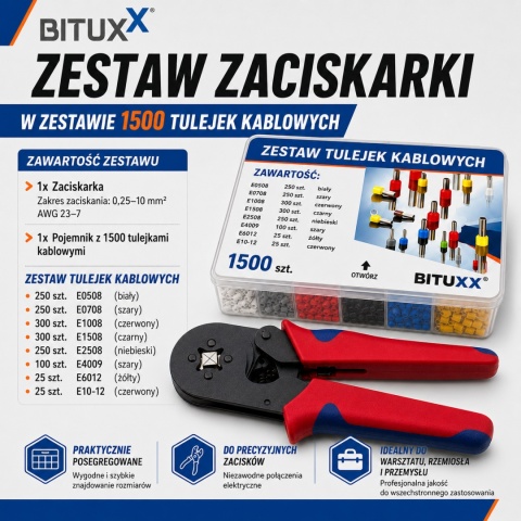 Zaciskarka tulejek kablowych 0,25-10mm 1500sztuk Szczypce zaciskowe