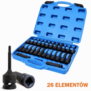 Bituxx 26‑częściowy zestaw nasadek 1/2″ – nasadki, bity Torx i wielozębate, profesjonalny komplet