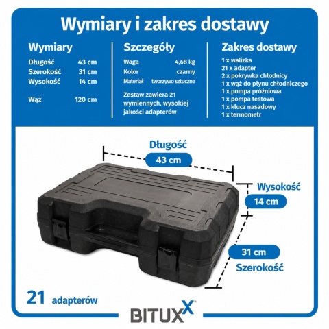 Bituxx 28‑częściowy tester układu chłodzenia – zestaw diagnostyczny do testu szczelności i napełniania chłodnicy