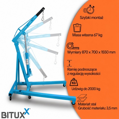 HYDRAULICZNY ŻURAW WARSZTATOWY UDŹWIG DO 2 TON PODNOŚNIK SKŁADANY BITUXX