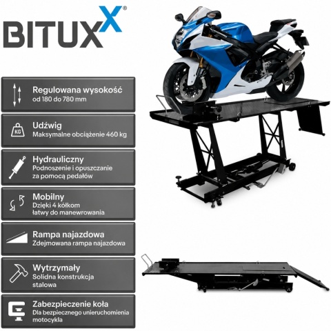 Hydrauliczny motocyklowy podnośnik Bituxx 460 kg – podnośnik serwisowy z nożną pompką, czarny