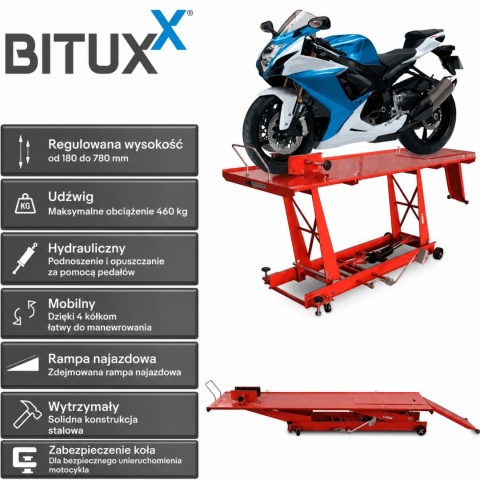 Hydrauliczny podnośnik motocyklowy Bituxx 460 kg – platforma serwisowa, regulowany lift