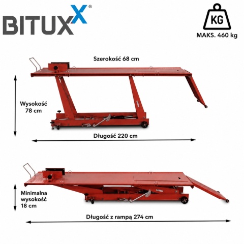 Hydrauliczny podnośnik motocyklowy Bituxx 460 kg – platforma serwisowa, regulowany lift