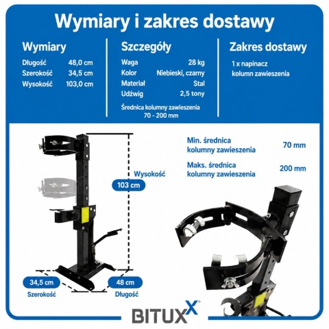 Hydrauliczny ściągacz do sprężyn 2,5 t Bituxx ściskacz sprężyn zawieszenia 70–200 mm z pedałem nożnym