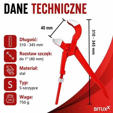Klucz do rur Bituxx S-Maul 40 mm 1'' szczypce nastawne hydrauliczne
