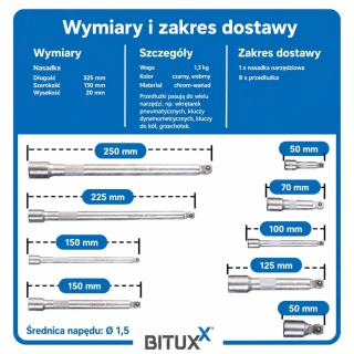 Komplet przedłużek do kluczy nasadowych 1/4″ / 3/8″ / 1/2″ – 9 elementów w etui