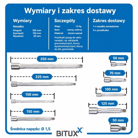 Komplet przedłużek do kluczy nasadowych 1/4″ / 3/8″ / 1/2″ – 9 elementów w etui