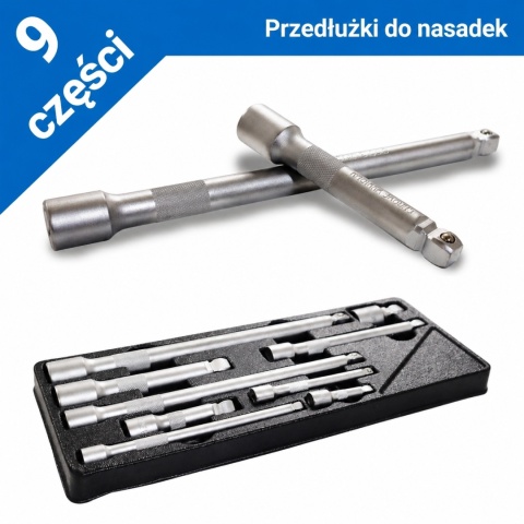 Komplet przedłużek do kluczy nasadowych 1/4″ / 3/8″ / 1/2″ – 9 elementów w etui