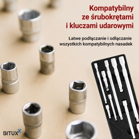Komplet przedłużek do kluczy nasadowych 1/4″ / 3/8″ / 1/2″ – 9 elementów w etui