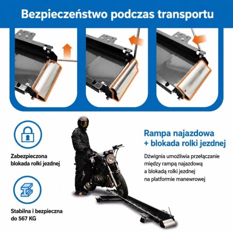 Motocyklowy stojak warsztatowy platforma manewrowa szyna trasportowa