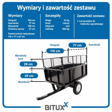 Przyczepka-wywrotka do traktorka ogrodowego/quada 300 kg ogrodowa 114×76 cm