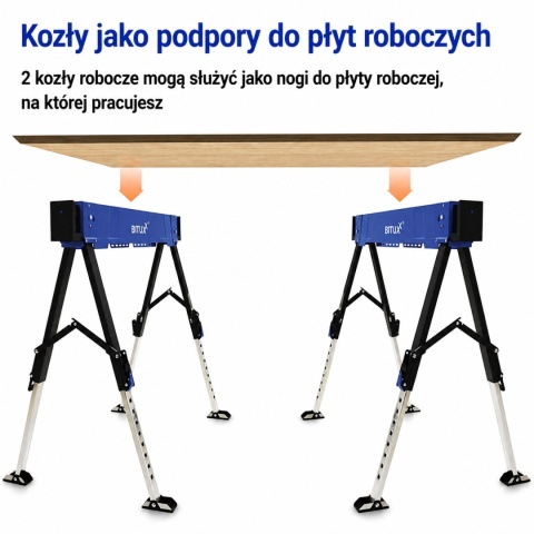 Stół roboczy / kozioł składany regulowany – 600 kg, wysokość 62–87 cm BITUXX