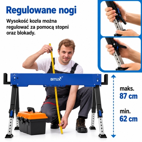 Stół roboczy / kozioł składany regulowany – 600 kg, wysokość 62–87 cm BITUXX