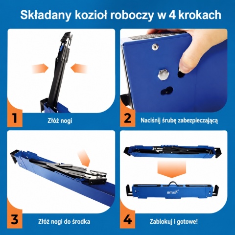 Stół roboczy / kozioł składany regulowany – 600 kg, wysokość 62–87 cm BITUXX
