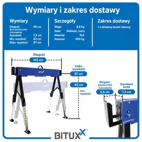 Stół roboczy / kozioł składany regulowany – 600 kg, wysokość 62–87 cm BITUXX
