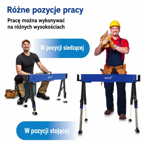 Stół roboczy / kozioł składany regulowany – 600 kg, wysokość 62–87 cm BITUXX