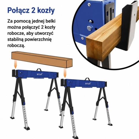 Stół roboczy / kozioł składany regulowany – 600 kg, wysokość 62–87 cm BITUXX