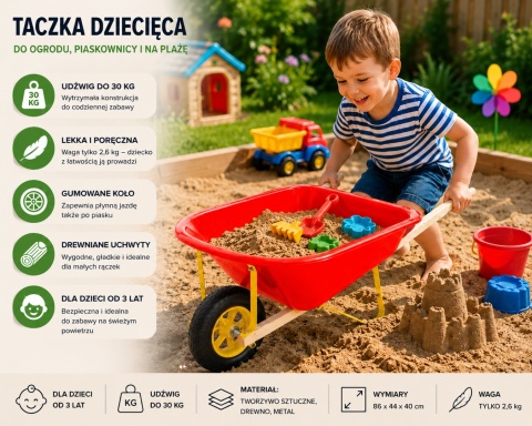 Taczka ogrodowa dla dzieci – zabawkowa taczka do piaskownicy i ogrodu