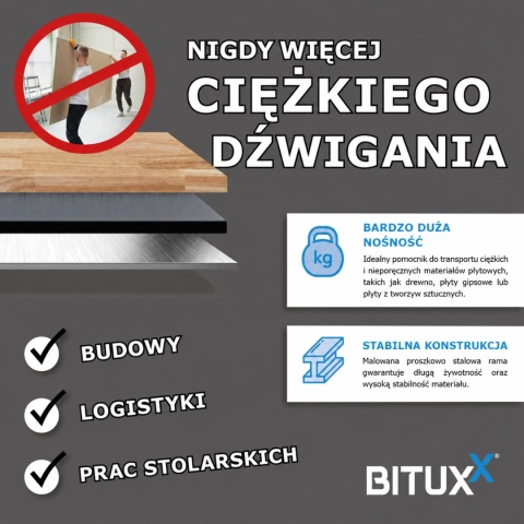 Wózek do transportu płyt do 200kg BITUXX okien regipsów drzwi i okien