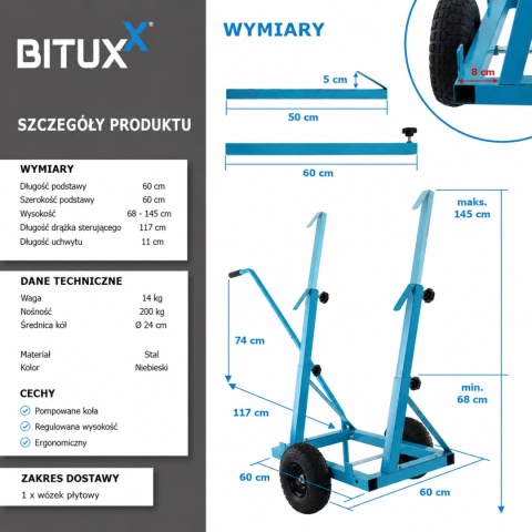 Wózek do transportu płyt do 200kg BITUXX okien regipsów drzwi i okien