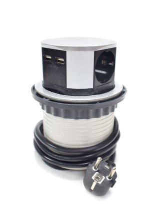 Potrójne gniazdo stołowe Bituxx z 2 portami USB – srebrne, chowane do blatu, 3680 W