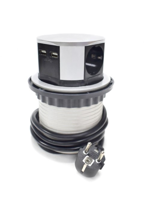 Potrójne gniazdo stołowe Bituxx z 2 portami USB – srebrne, chowane do blatu, 3680 W