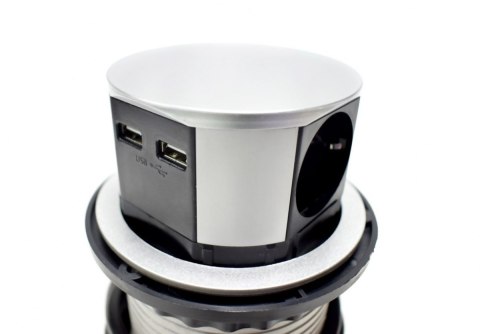 Potrójne gniazdo stołowe Bituxx z 2 portami USB – srebrne, chowane do blatu, 3680 W
