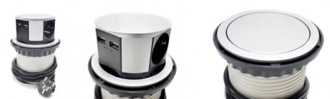 Potrójne gniazdo stołowe Bituxx z 2 portami USB – srebrne, chowane do blatu, 3680 W