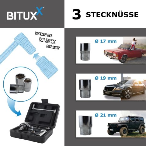 Klucz dynamometryczny Bituxx 28-210 Nm + 3 nasadki w walizce, stal CrV