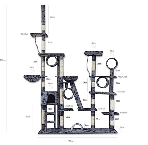 Drapak XXL dla kota 255 cm – wieża z hamakami, tubami i domkiem