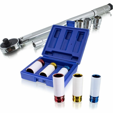 Kompletny zestaw kluczy dynamometrycznych 1/2″ z nasadkami do felg – stal Cr-V, zakres momentu ~ 28-210 Nm