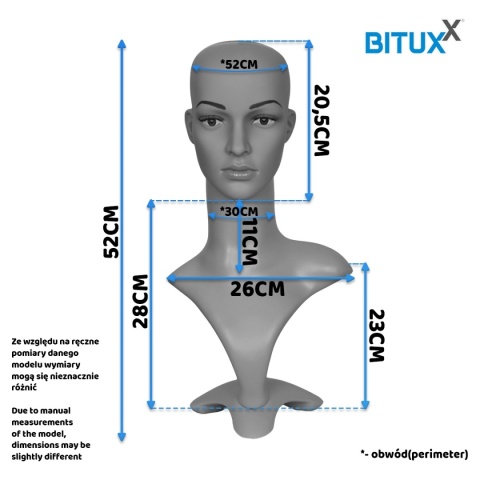 Manekin głowa damska ekspozycyjna głowa damska 52 cm do peruk, czapek i biżuterii