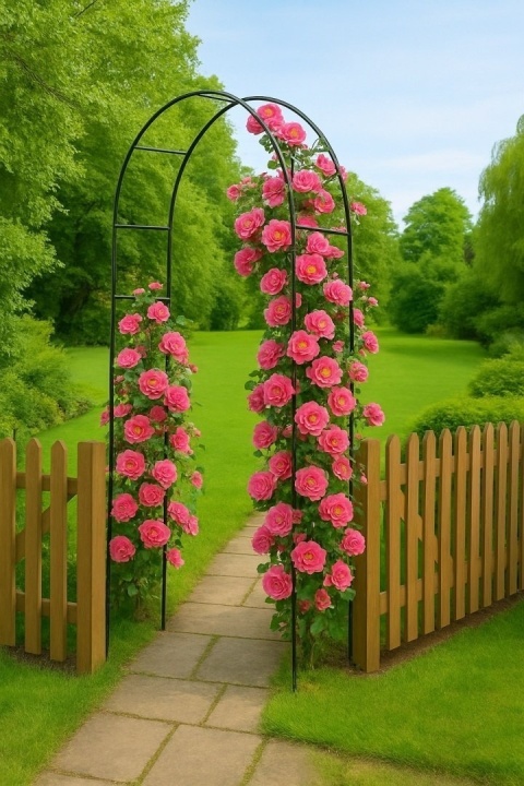 Metalowa Pergola Kwiatowa do Ogrodu 240cm Czarna Malowana Proszkowo Łukowa pnącza