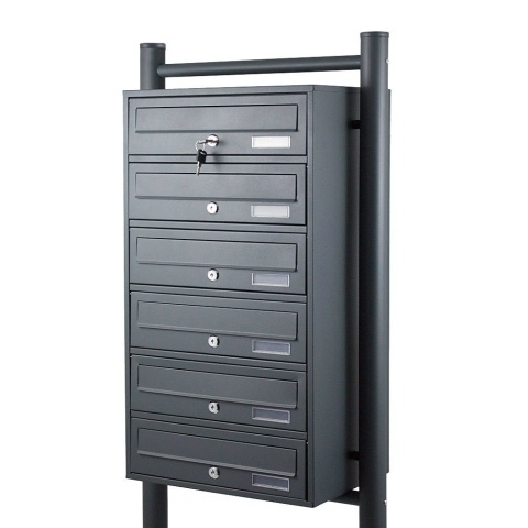 Elegancka stalowa skrzynka pocztowa 6 wrzutów Grafit malowana proszkowo, stojąca, z zestawem montażowym do bloków