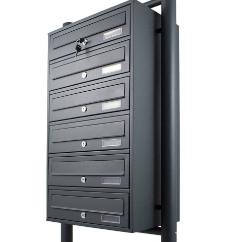 Elegancka stalowa skrzynka pocztowa 6 wrzutów Grafit malowana proszkowo, stojąca, z zestawem montażowym do bloków