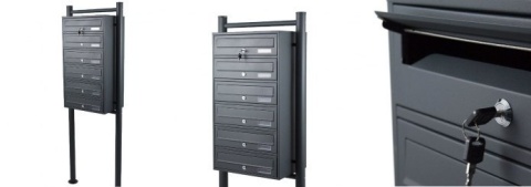 Elegancka stalowa skrzynka pocztowa 6 wrzutów Grafit malowana proszkowo, stojąca, z zestawem montażowym do bloków