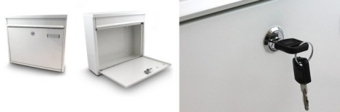 Nowoczesna biała skrzynka pocztowa na listy metalowa konstrukcja odporna na warunki atmosferyczne z zamkiem i otworem wrzutowym