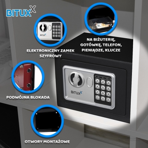 Sejf Biurowy BITUXX mini Czarny na Szyfr + 2 klucze elektroniczny 23x17x17