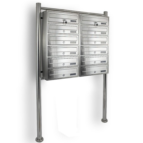 Skrzynka Lokatorska Duża 12 wrzutów INOX szczotkowana na stojaku Zewnętrzna