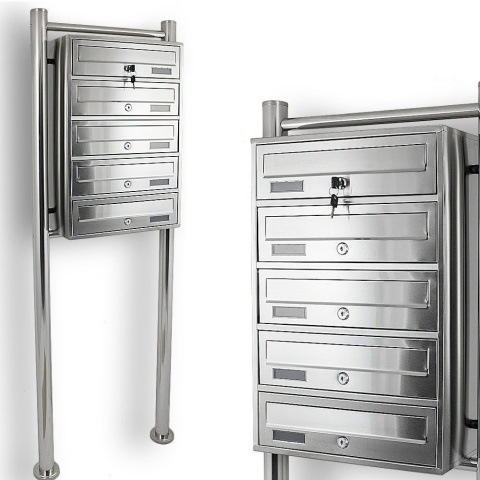 Skrzynka Lokatorska na stojaku 5 wrzutów INOX zewnętrzna Szczotkowana