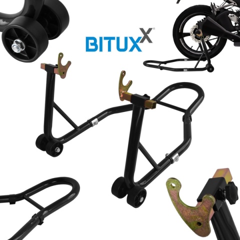 Stojak motocyklowy czarny – uchwyt warsztatowy 250 kg na tylne koło 21–31 cm