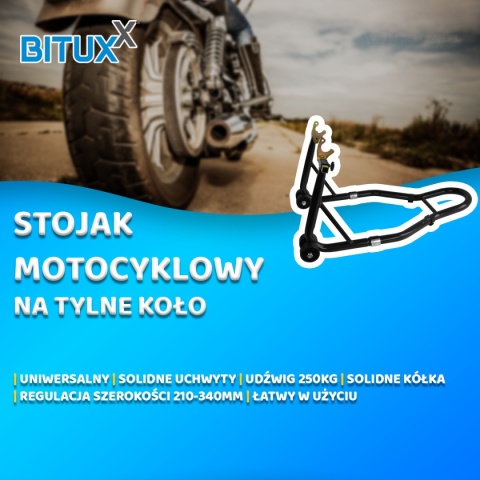Stojak motocyklowy czarny – uchwyt warsztatowy 250 kg na tylne koło 21–31 cm