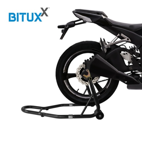 Stojak motocyklowy czarny – uchwyt warsztatowy 250 kg na tylne koło 21–31 cm