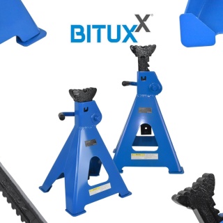 Zestaw 2 sztuk kobyłek warsztatowych Bituxx o udźwigu 12 t każda. Regulacja wysokości 48,7-74,8 cm