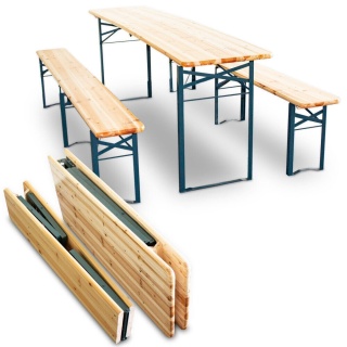 Zestaw ogrodowy – stół + 2 ławki wykonane z drewna, idealne do tarasu, ogrodu lub na kemping